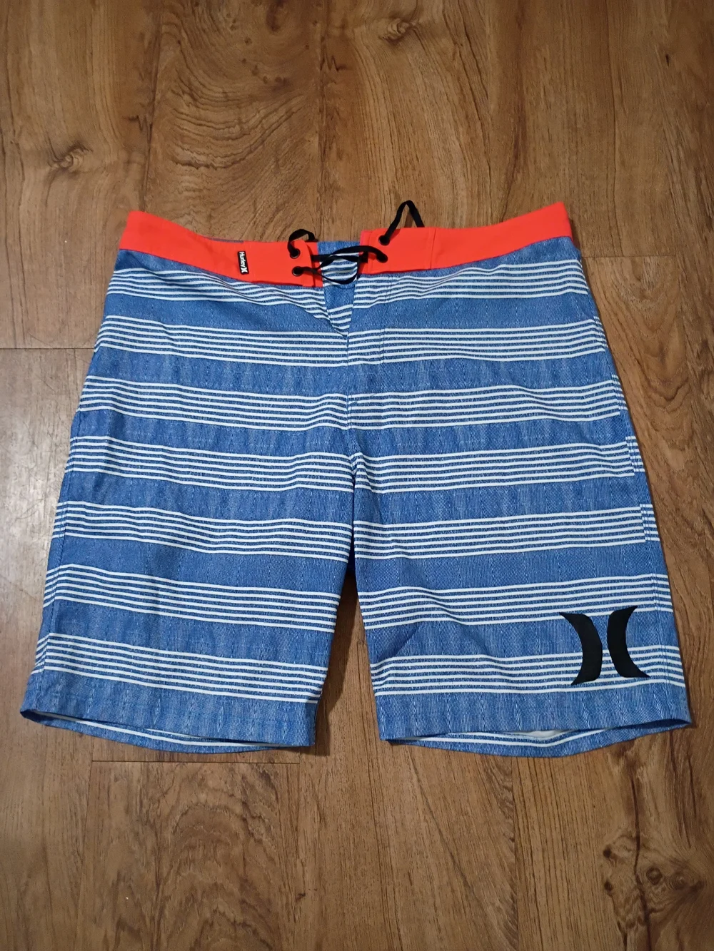 Hurley Blue and White Striped Swim Board Shorts with Coral Waistband